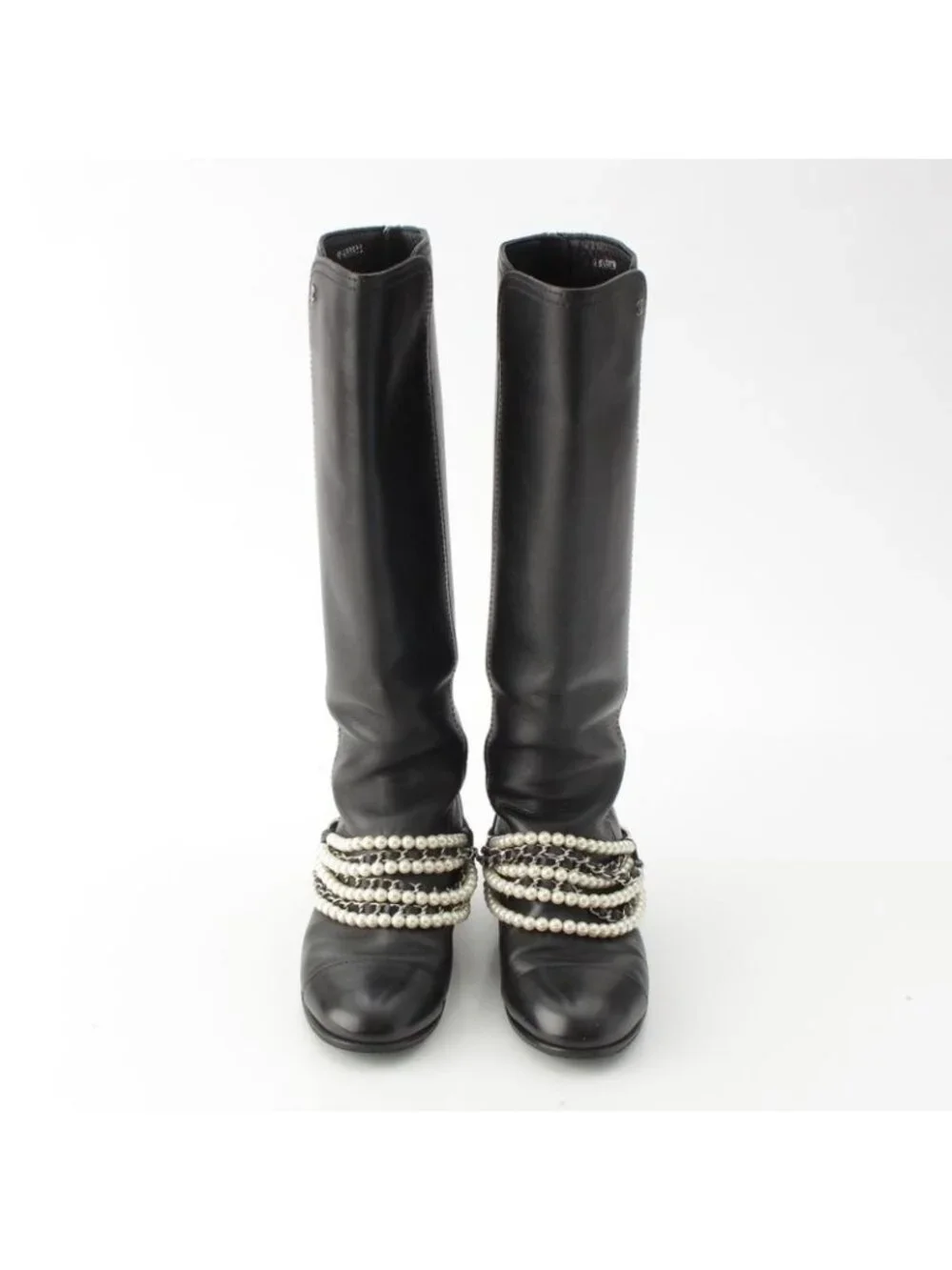 Chanel Pearl Chain Long Boots Black 38c - Picture 2 of 10